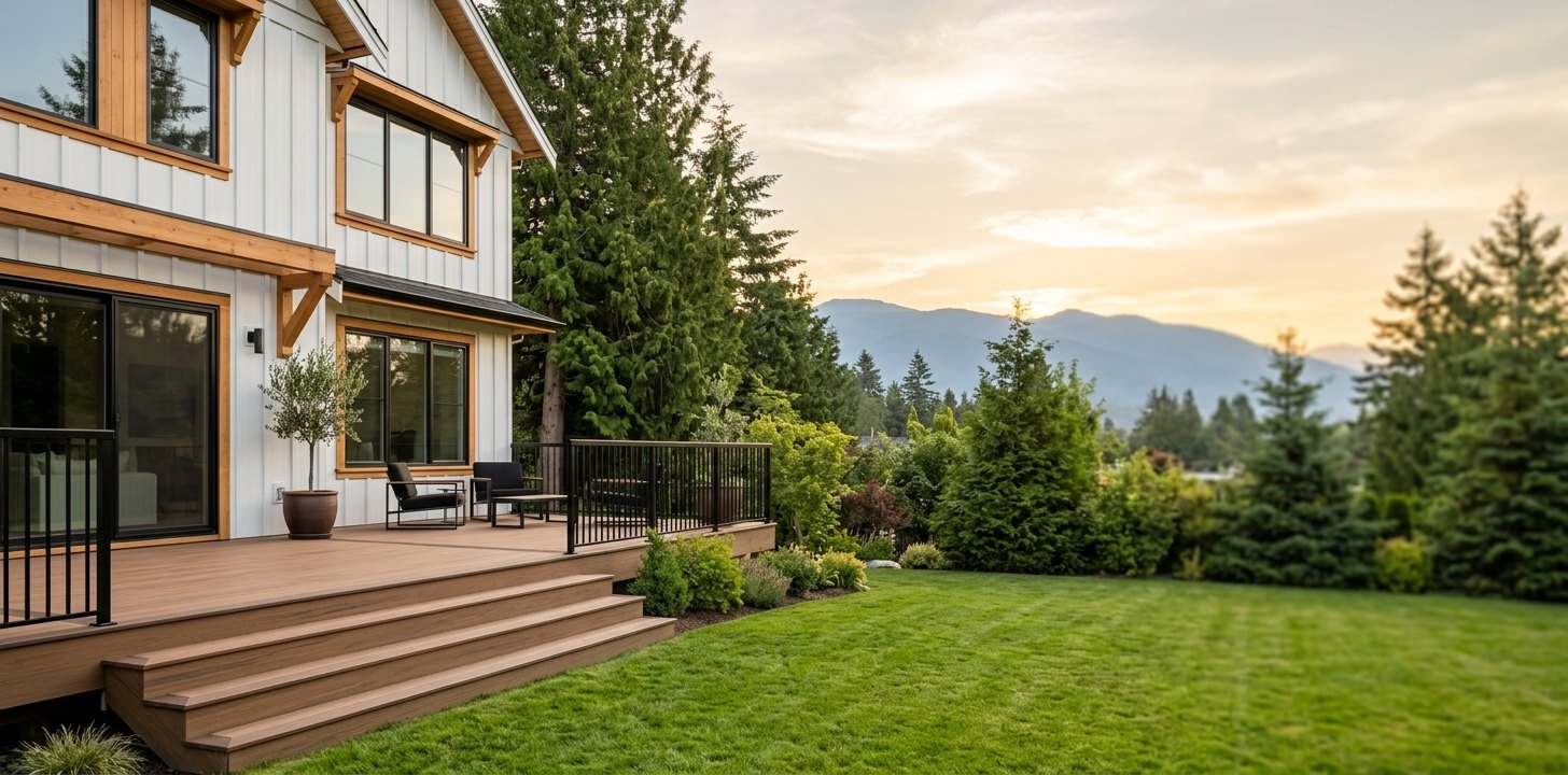 New composite deck with black aluminum railing and wide steps behind a white farmhouse-style home, with cedar trees and mountains at sunset